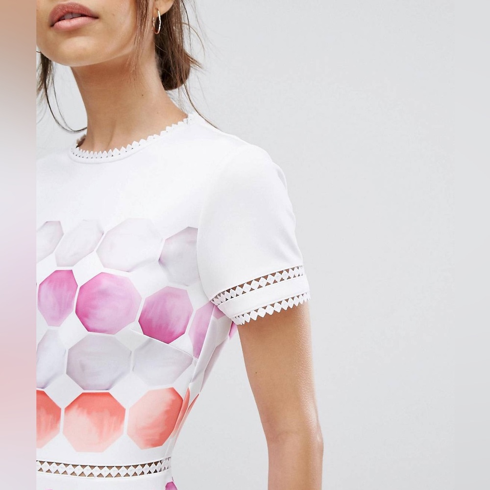 Ted Baker White Dress with Pink, Coral and Blue Hexagon Print - Picture 14 of 14